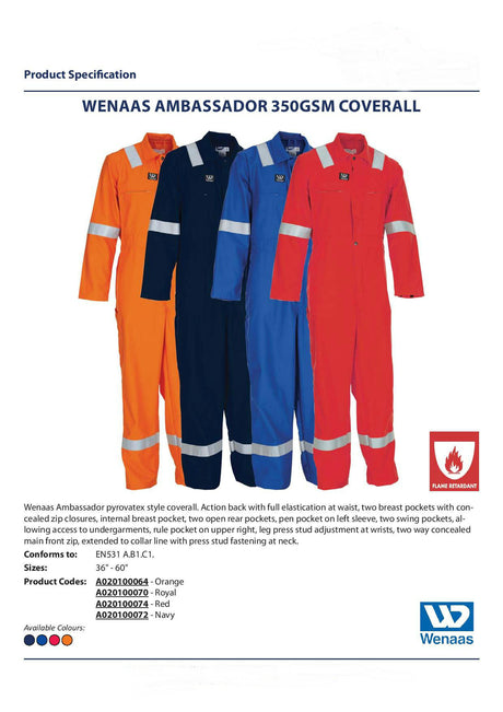 Wenaas Ambassador 350gsm Insulated FR Coverall 81750-196 Various Colours