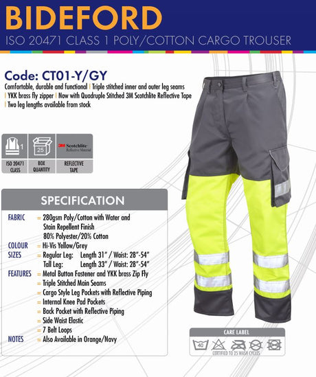 Leo Workwear Bideford CT01-Y/GY Hi Vis Knee Pad Cargo Trousers - Yellow & Grey