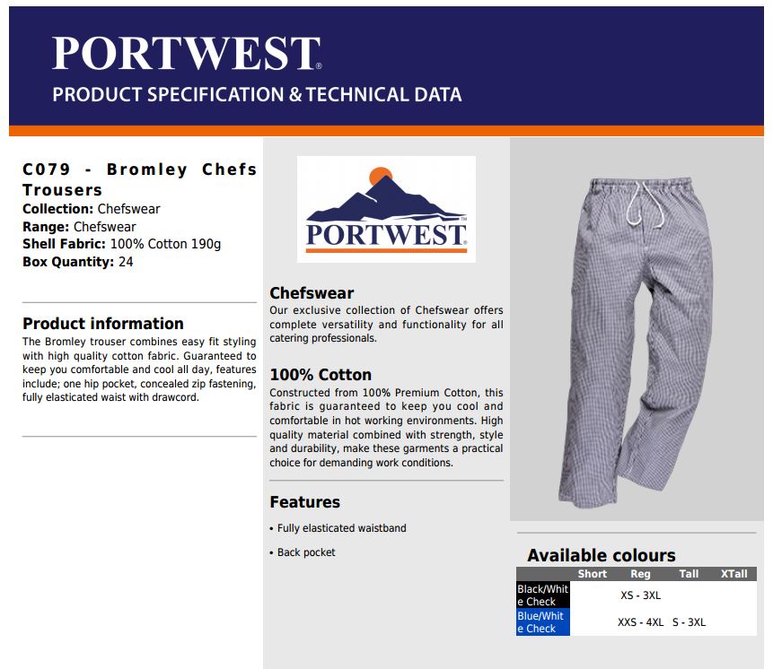 Portwest Bromley C079 100% Cotton Work Pants Kitchen Uniform Chef's Trousers, Size - Small