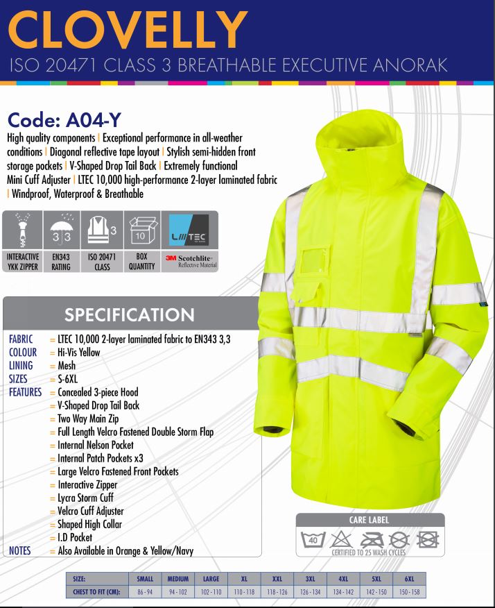 Leo Workwear Clovelly A04-Y Hi Vis Windproof Waterproof Breathable Executive Anorak - Yellow