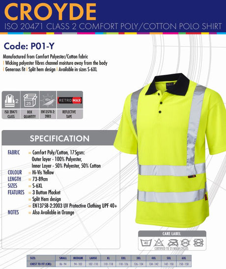 Leo Workwear Croyde P01 Class 2 High Visibility Comfort Polo Shirt