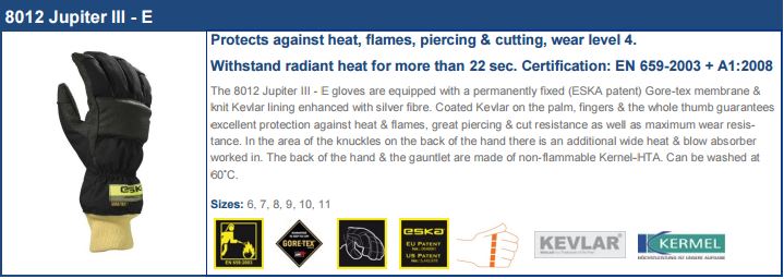 Jupiter 3 Eska 8012 Goretex Fire Fighters Gloves Flame Protection