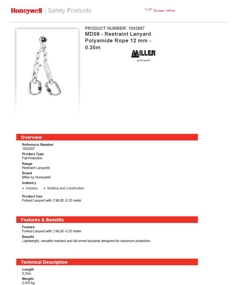 Honeywell Miller MD06 Forked 2 Karabiner Fall Arrest Lanyard