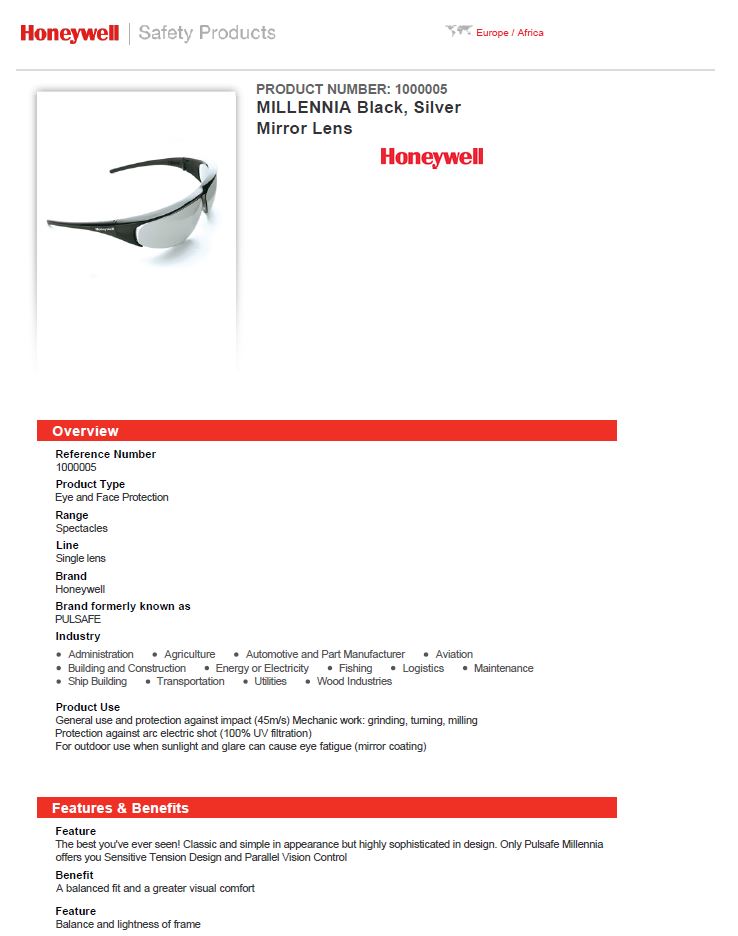 Honeywell 1000005 Millennia Safety Glasses Black Frame Antifog Silver Lens