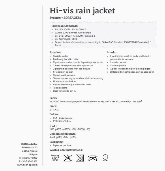Sioen Preston 403Z Waterproof Windproof Hi Vis Yellow Rain Jacket