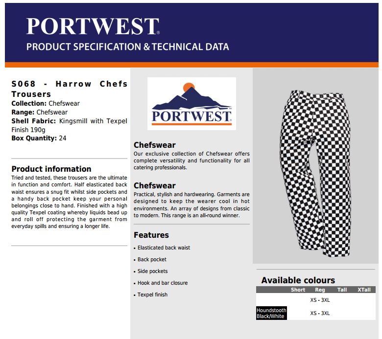 Portwest Harrow S068 Polycotton Hotel Kitchen Uniform Unisex Chefs Trousers