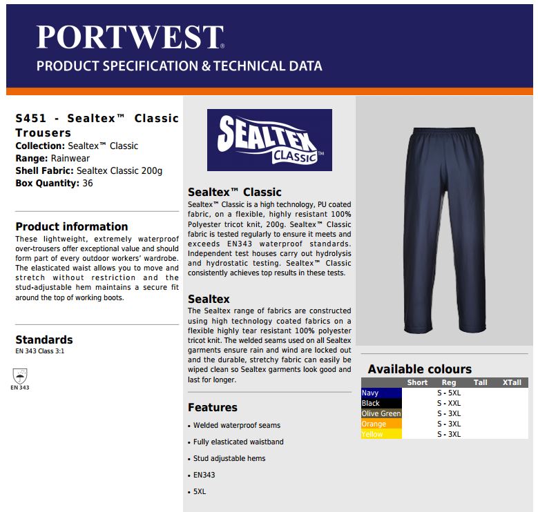 Portwest Sealtex Over Trousers S451 Waterproof Navy