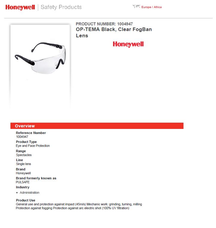 Honeywell Op-Tema 1004947 Safety Glasses Anti-Fog Coating Clear Lens