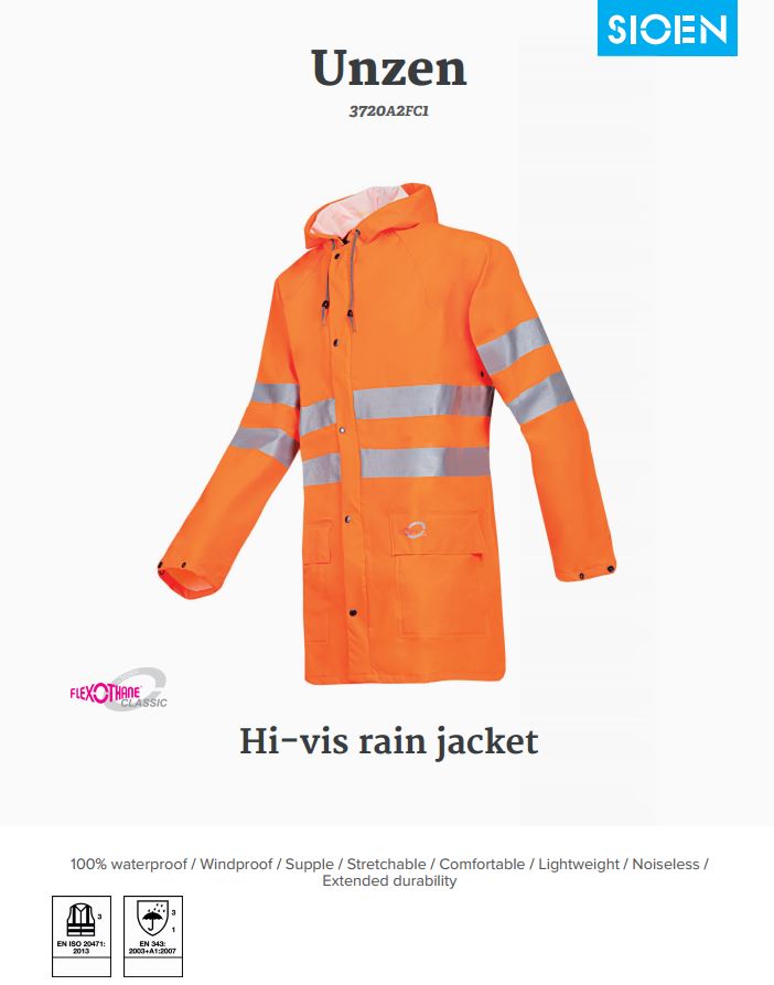 Sioen Unzen 3720 Waterproof Hi Vis Flexothane Unlined Orange Hooded Rain Jacket