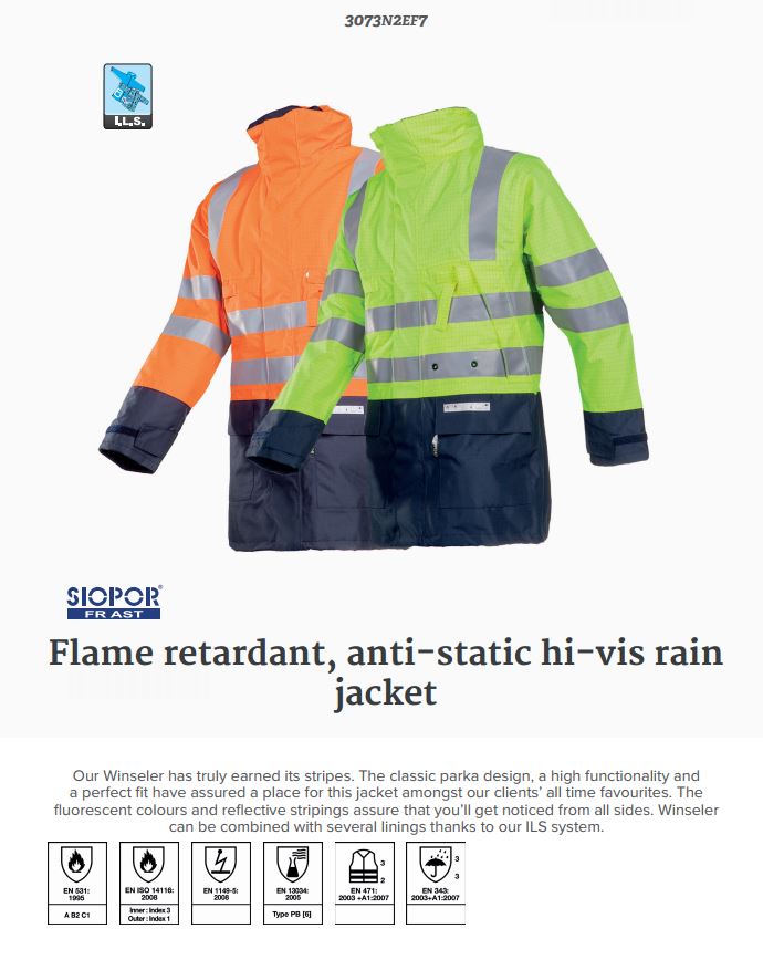 Sioen Winseler 3073 Waterproof Hi Vis Flame Retardant Multinorm FR Parka Jacket