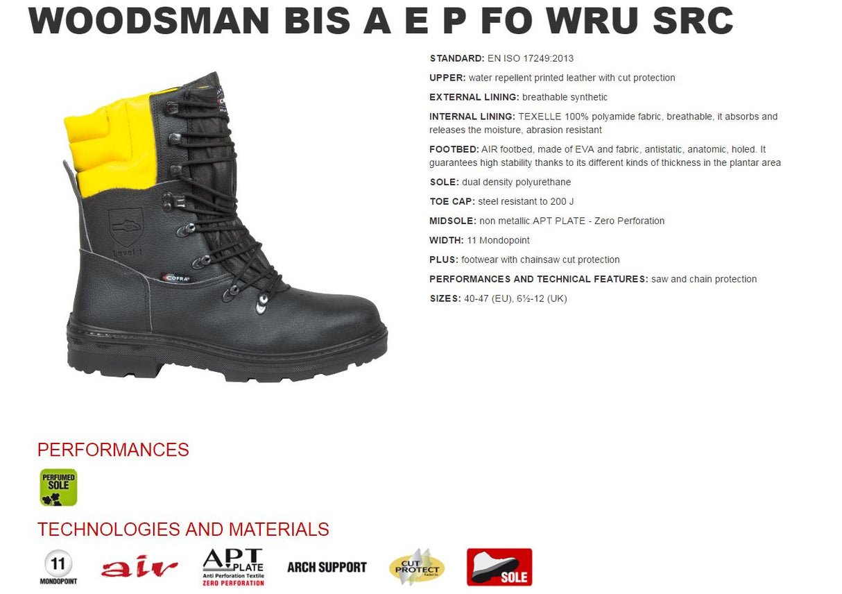Cofra Woodsman BIS Class 1 Antistatic Breathable Chainsaw Protection Boots Black